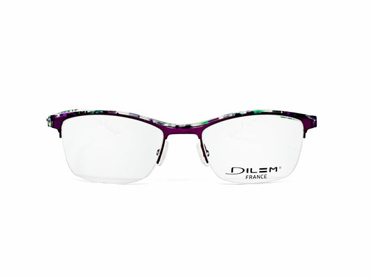 Dilem half-rim optical frame. Model: ZF403. Color: 2ND33 purple with green and white accents. Front view.
