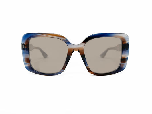 Dita large, rounded-square, acetate sunglass. Model: Adabrah. Color: 02 - Brown/blue/transparent swirl with light brown lenses. Front view. 
