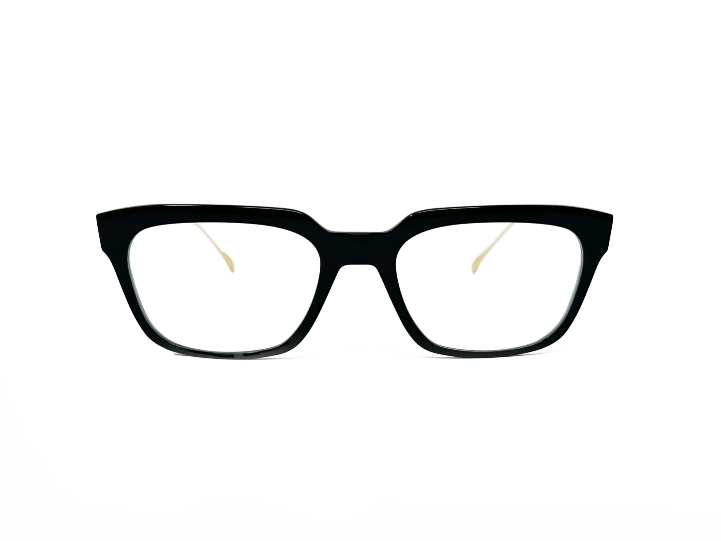 Dita upward-angled, rectangular, acetate optical frame with metal temples. Model: Argand. Color: Black frame with gold temples. Front view.