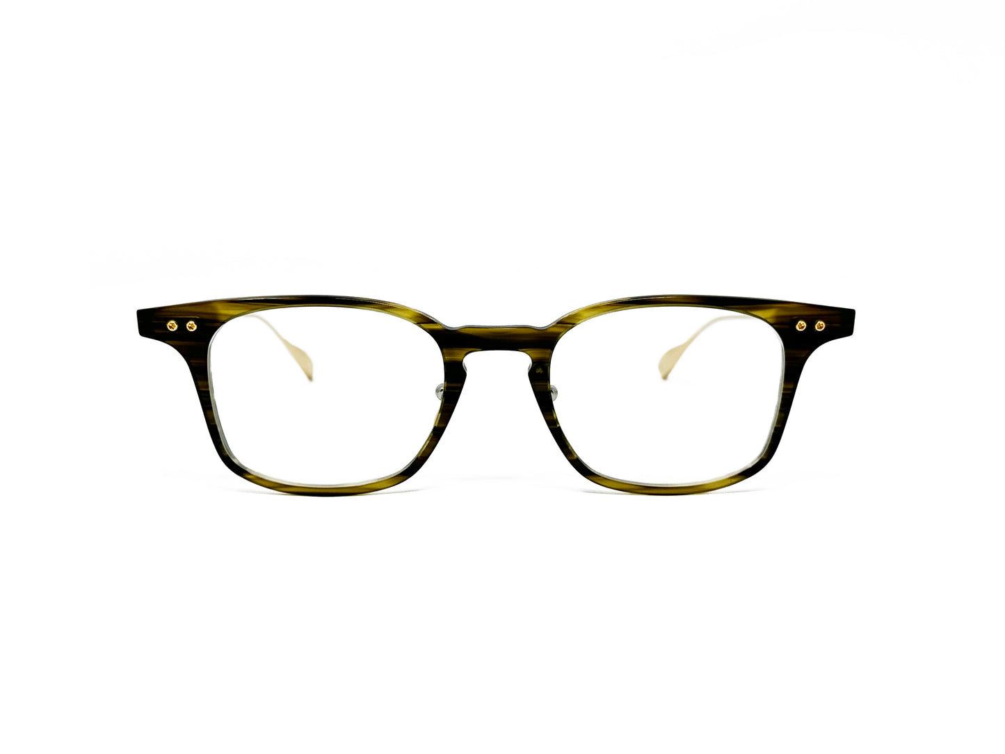 Dita square, acetate, optical frame with gold metal temples. Model: Buckeye. Color: 02 - Timber Brown, light yellow-based brown wood pattern. Front view.