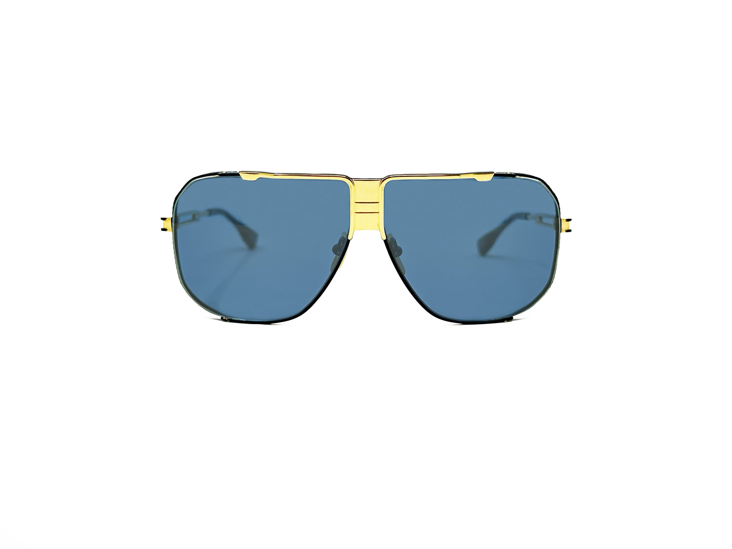 Dita large angled, aviator type sunglass with flat top. Model: Cascais. Color: Gold metal with blue lenses. Front view.