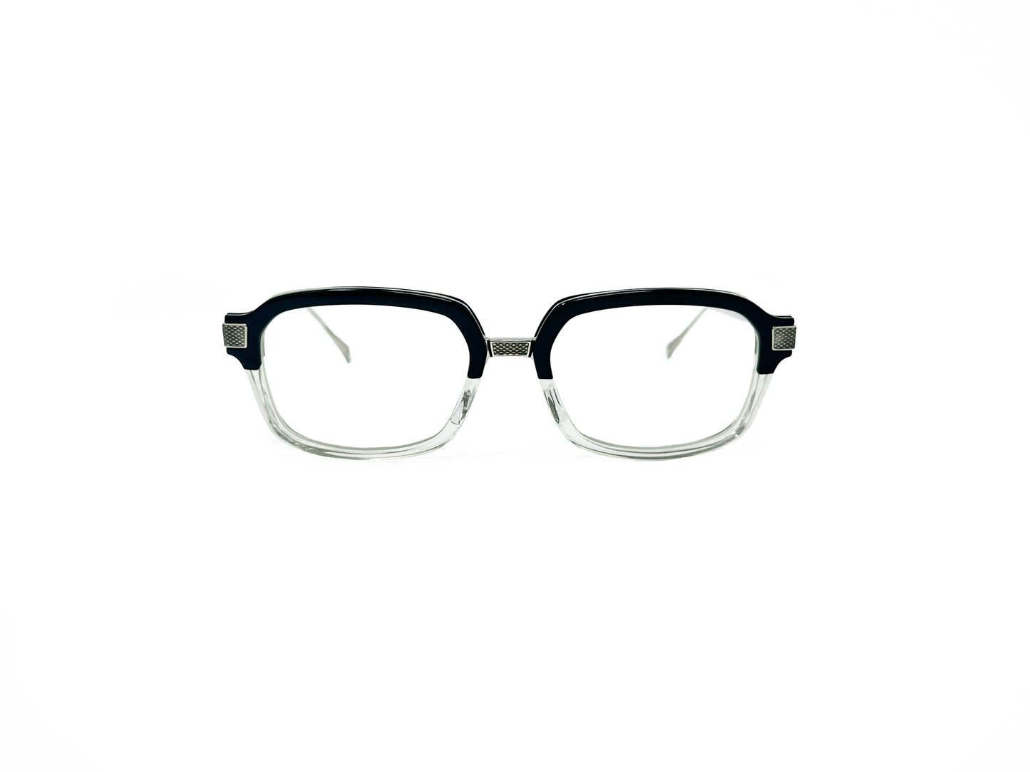 Dita square optical frame, acetate front with wire temples. Front of the frame is black on top and transparent on bottom. Model: Lexington. Color: C - Black and clear. Front view.