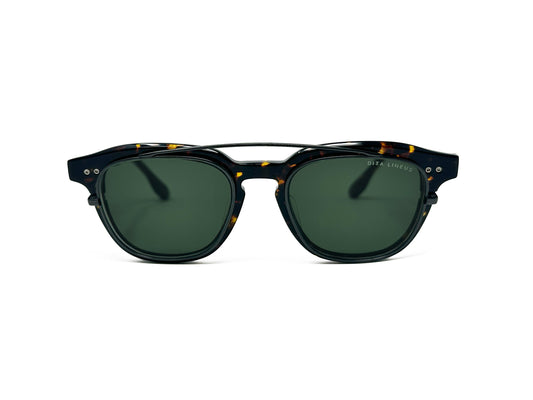 Dita clip-on sunglass with acetate frame and curved metal bar across top of frame. Model: Lineus. Color: Tortoise with dark green lens. Front view.