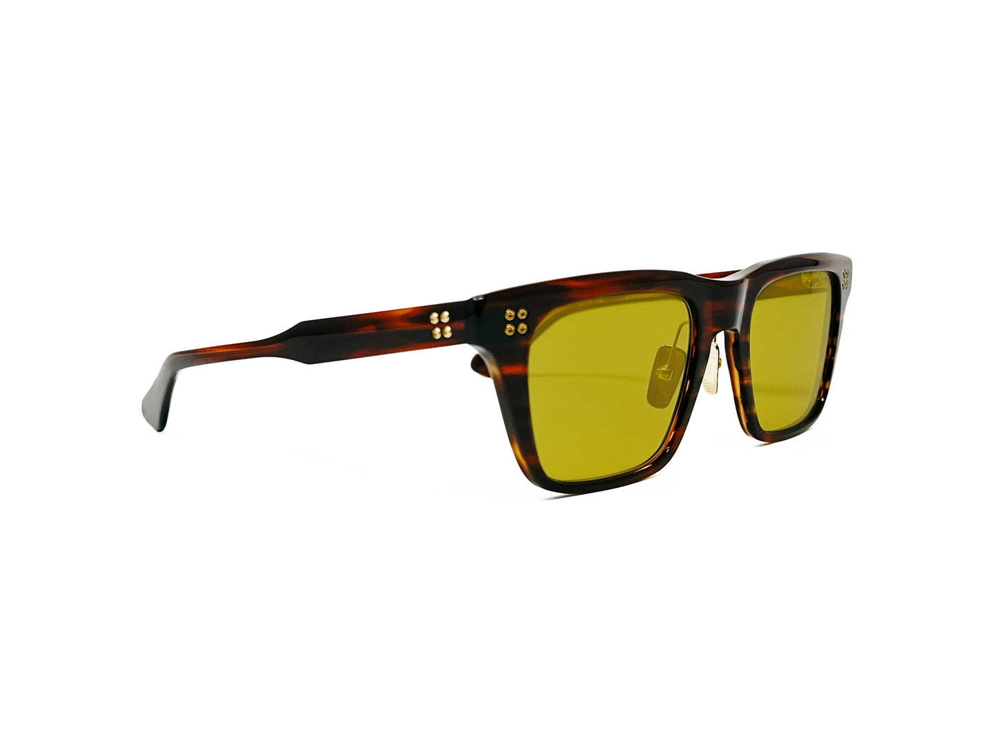 Dita rectangular acetate sunglass with four metal dot embellishment on each corner. Model: Thavos. Color: 02 - Reddish brown swirll with greenish-yellow lenses. Side view.