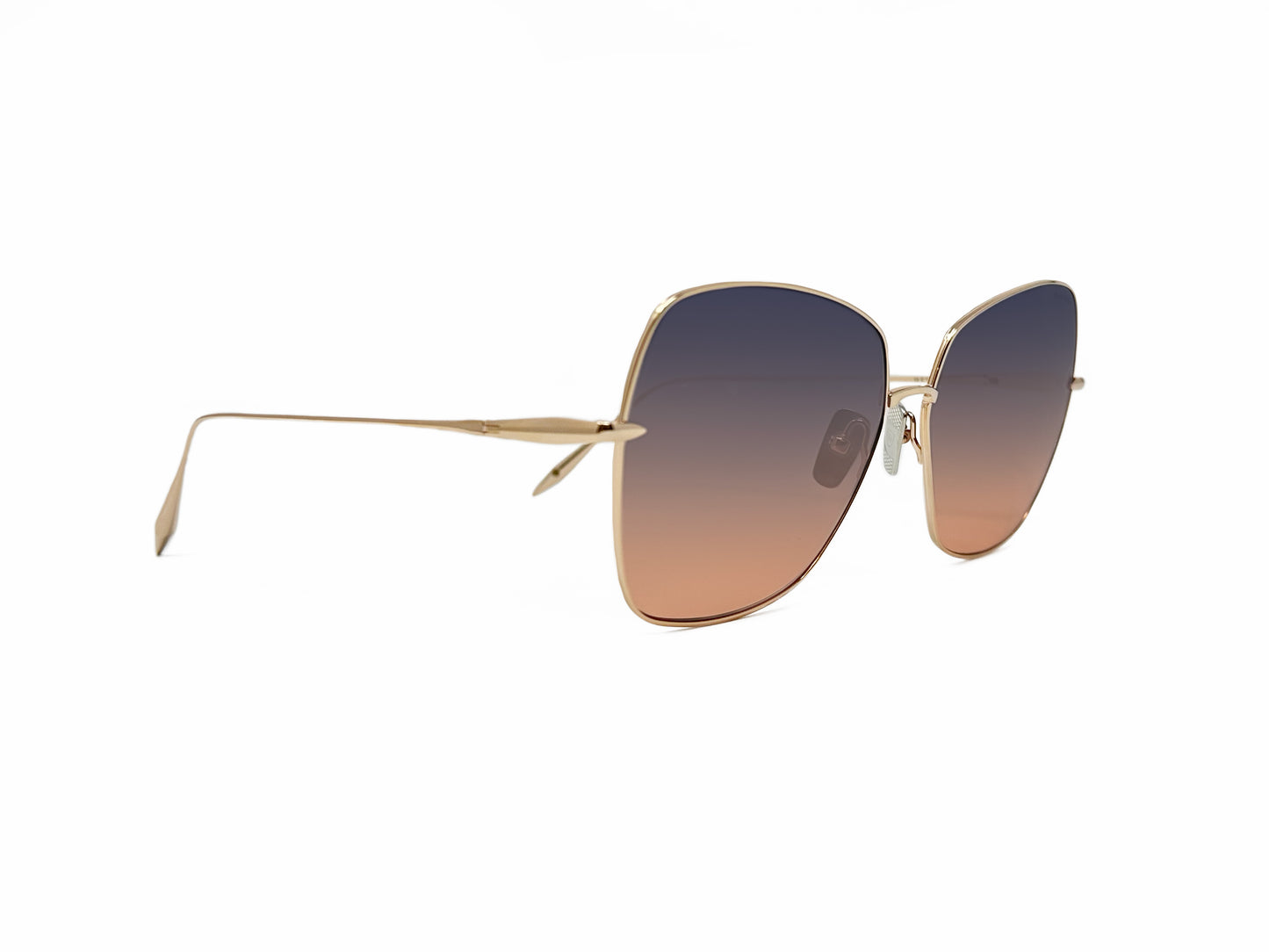 Dita gold metal butterfly shaped sunglass. Model: Zazoe. Color: 02 - Gold metal frame with grey-purple to peach gradient lens. Side view.