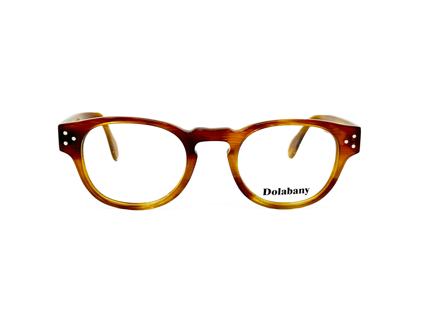 Dolabany rounded-square optical frame with keyhole bridge. Model: Alfred. Color: Blond Streak - Light Tortoise. Front view.