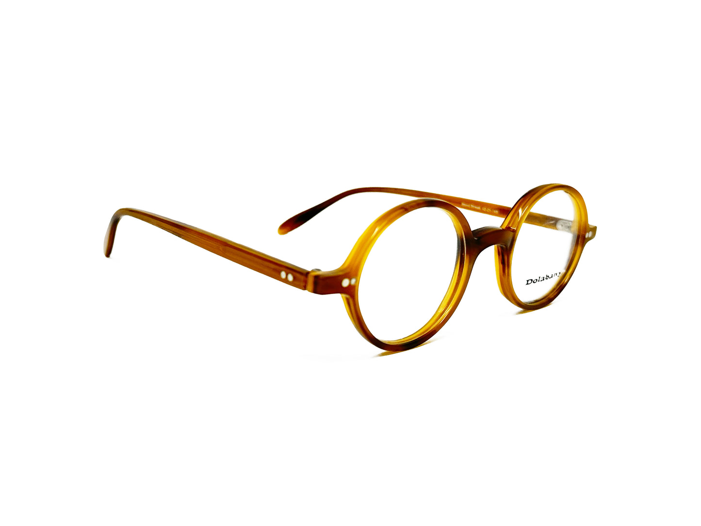 Dolabany round, with slight slanted angles, acetate optical frame. Model: Clover. Blond Streak - Light tortoise. Side view.