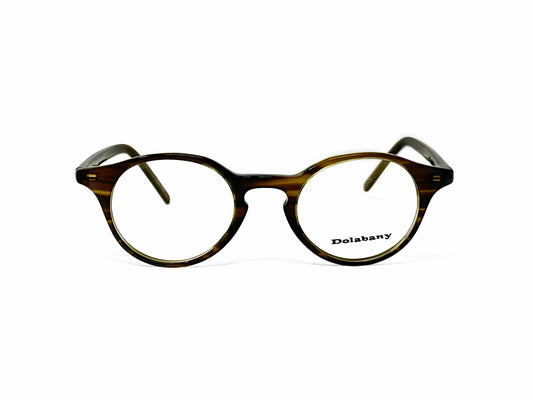 Dolabany round, acetate optical frame. Model: Colony. Color: Olive Streak striped brown. Front view.