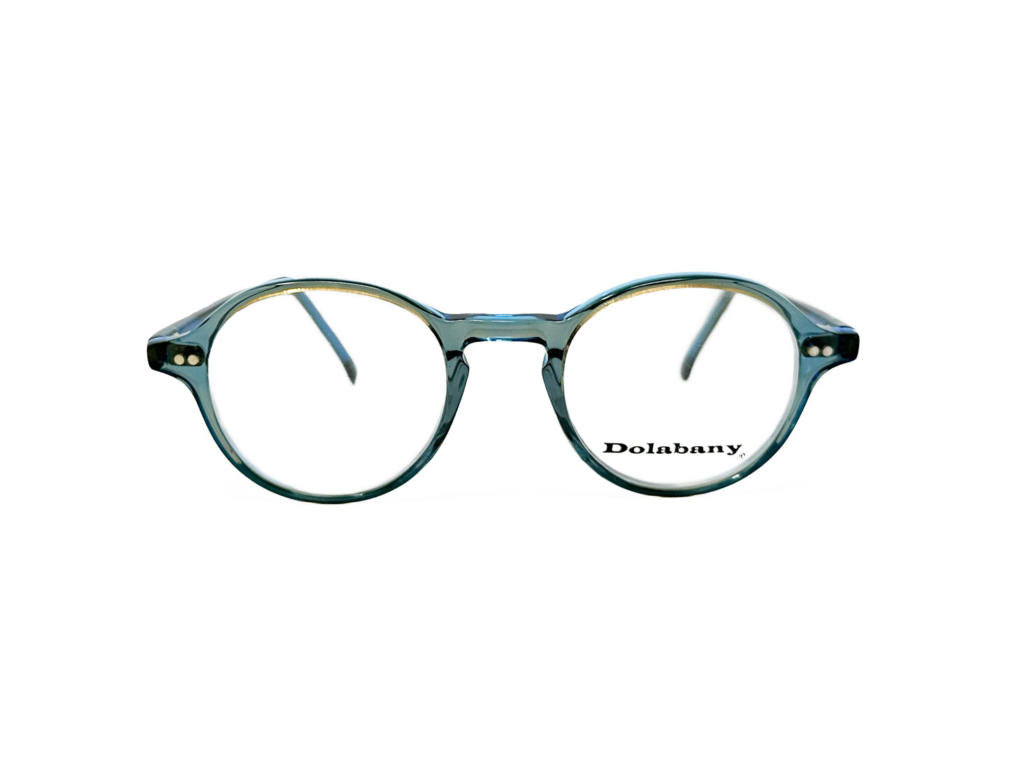 Dolabany round acetate optical frame with a keyhole bridge. Model: Dylan. Color: Sky Caramel - Transparent sky blue with brown caramel accents. Front view.