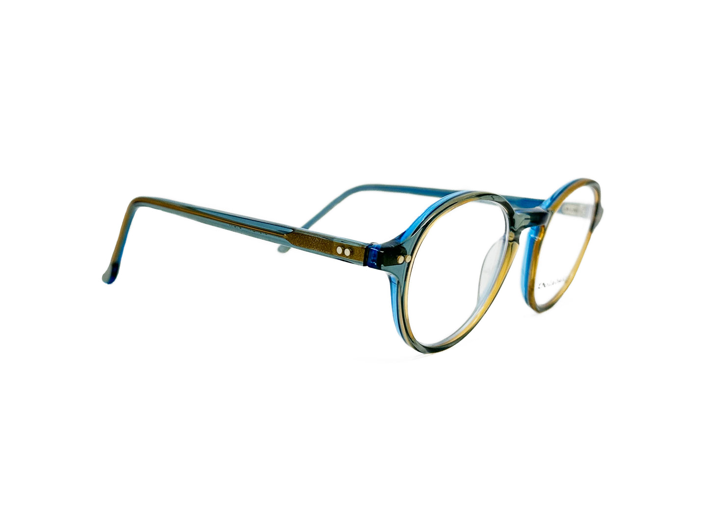 Dolabany round acetate optical frame with a keyhole bridge. Model: Dylan. Color: Sky Caramel - Transparent sky blue with brown caramel accents. Side view.
