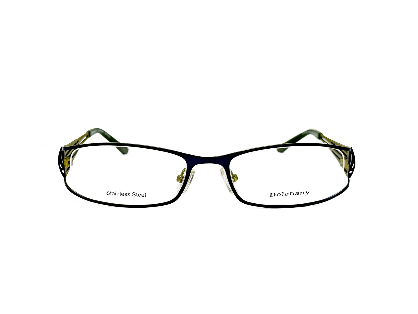 Dolabany rectangular optical frame with wavy pattern cut-out on temples. Model: Nayla. Color: M.Purple / Gold Metallic. Front view.