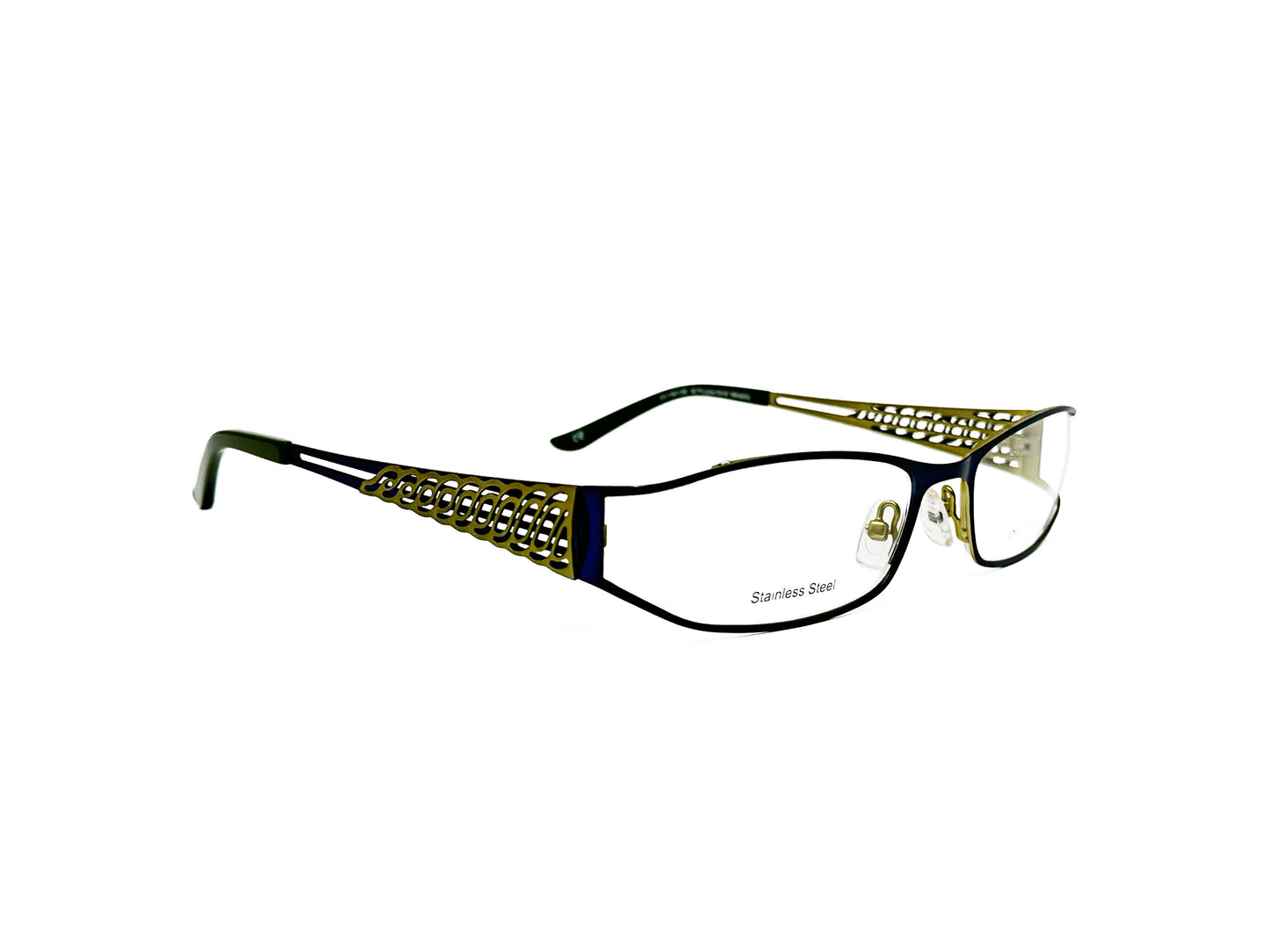 Dolabany rectangular optical frame with wavy pattern cut-out on temples. Model: Nayla. Color: M.Purple / Gold Metallic. Side view.