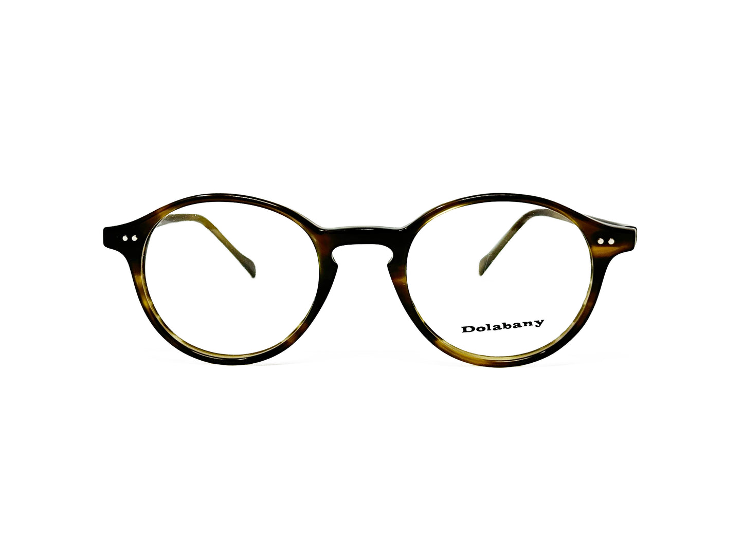 Dolabany round, acetate optical frame with keyhole bridge. Model: Pueblo. Color: Olive Streak. Front view.