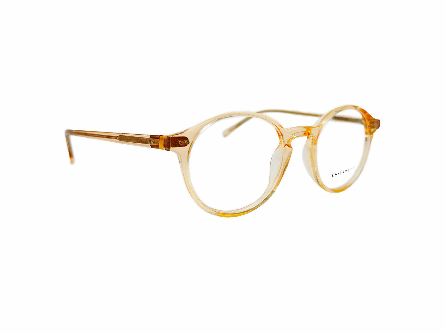 Dolabany round, acetate optical frame with keyhole bridge. Model: Pueblo. Color: Salmon - Transparent salmon. Side view.
