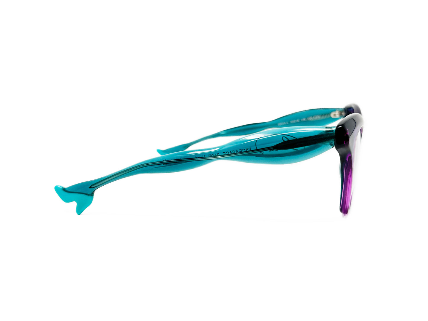 Face a Face acetate cat-eye optical frame with temples that look like legs wearing heels. Model: Bocca4. COlor: 1216 - Purple with teal temples. Side view.
