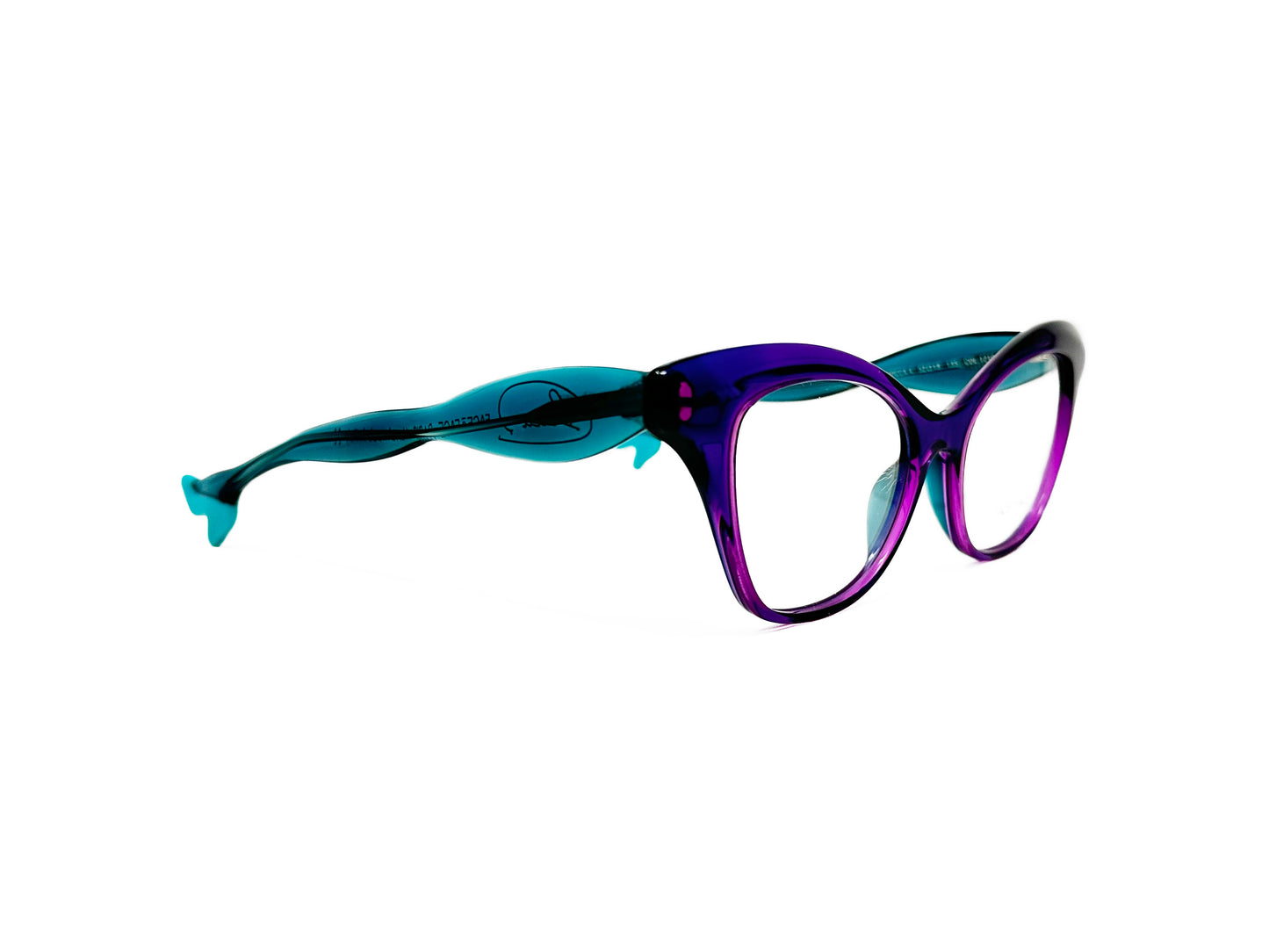 Face a Face acetate cat-eye optical frame with temples that look like legs wearing heels. Model: Bocca4. COlor: 1216 - Purple with teal temples. Side view.