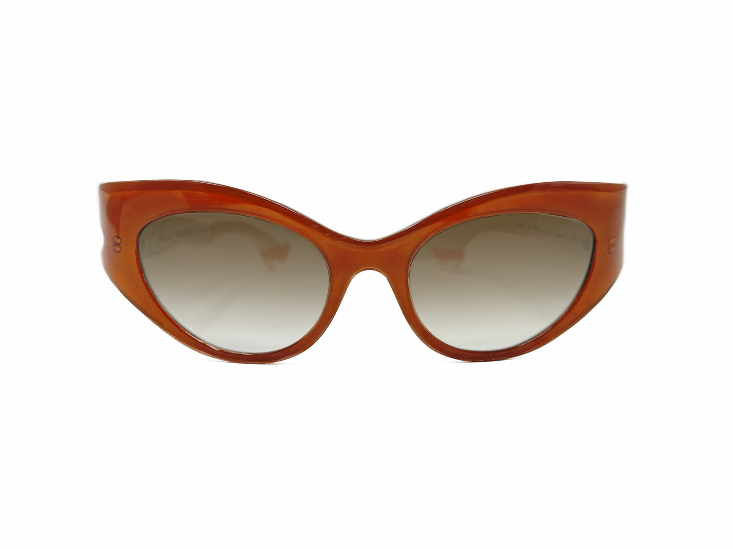 Face a Face acetate, cat-eye sunglass with winged corners and temples that look like legs wearing heels. Model: BoccaRock3. Color: 208 - Burnt Sienna with white legs and peach heels. Front view.