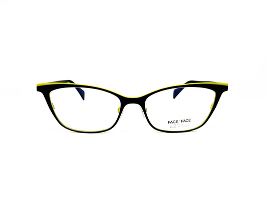 Face a Face rectangular, with slight cat-eye, acetate, optical frame. Model: Heidi4. Color: 9515 - Black with neon yellow lining on top. Front view. 