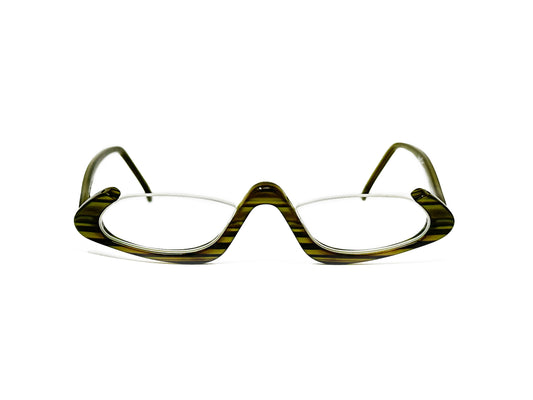 Frost acetate, half-rim, optical frame with frame on bottom half, in and uplifted angular shape. Model: Viktor. Color: 228 - Olive green stripes. Front view.  