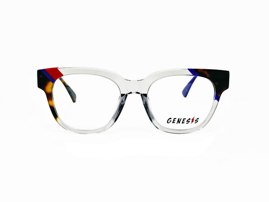 Genesis rounded-square, acetate optical frame. Model: GV1525. Color: 3 - Clear transparent with tortoise, blue and red striped corners. . Front view.