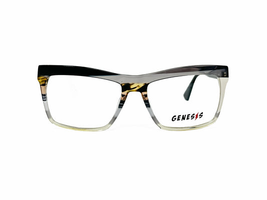 Genesis rectangular with an upward swoop at top of frame, made of acetate. Model: GV1526. Color: 6 - Grey, semi-transparent with yellow tint in middle. Front view. 