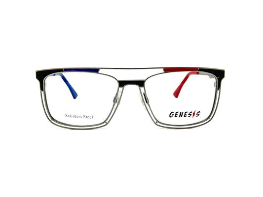 Genesis rectangular, metal optical frame with bar across top and colored accents. Model: GV1530. Color: 2 - Silver metal with black, red, and blue accents. Front view. 