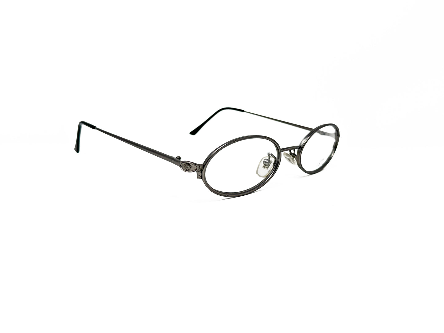 Gianni Versace oval metal optical frame. Model: H44. Color: 948 - Gunmetal. Side view.