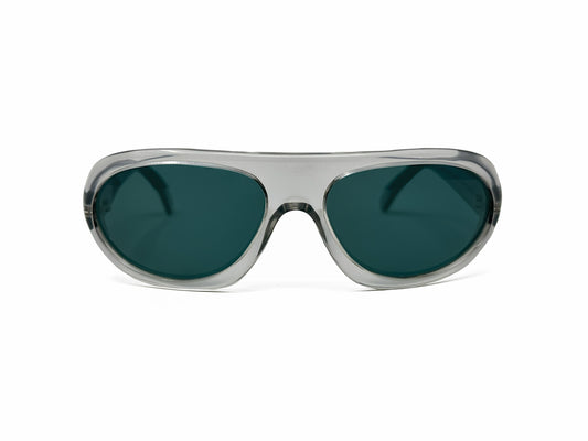Kador rounded, aviator-shaped, acetate sunglass. Model: K327. Color: 1481 - Transparent grey with grey-blue lenses. front view. 