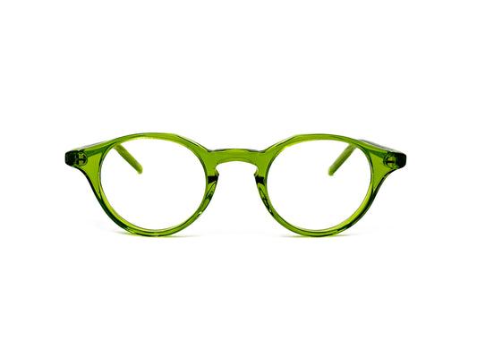 Kala Eyewear round acetate optical frame. Model: 902. Color: LM transparent lime green. Front view.