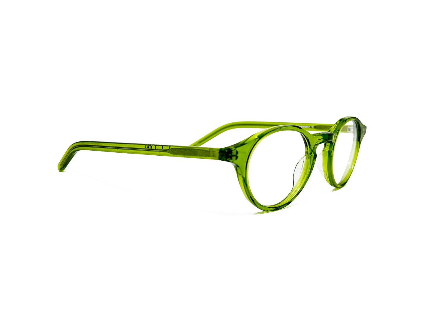 Kala Eyewear round acetate optical frame. Model: 902. Color: LM transparent lime green. Side view.