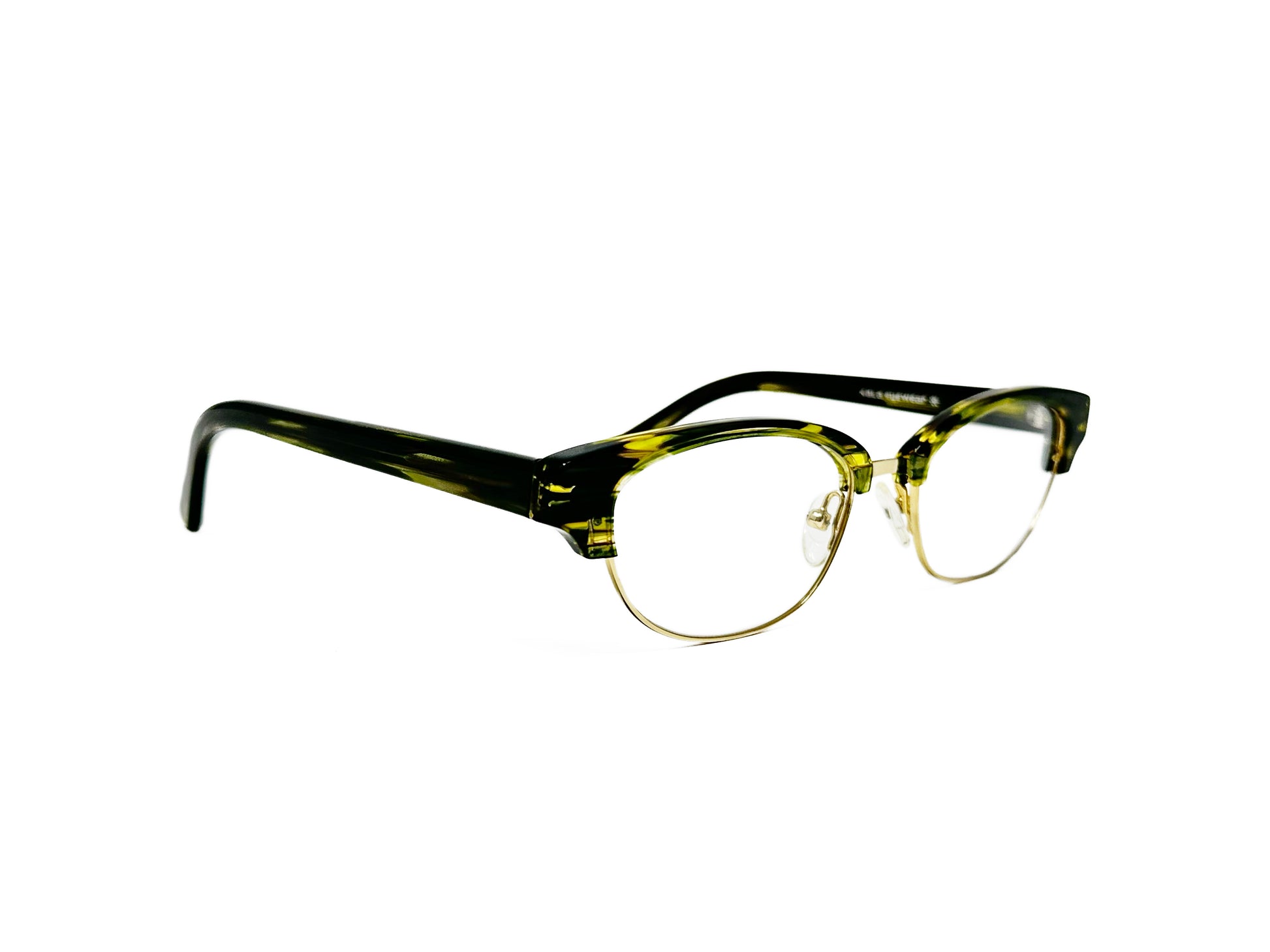 Kala Eyewear half-rim optical frame. Model: LIliana. Color: AMG - Green swirl. Side view.