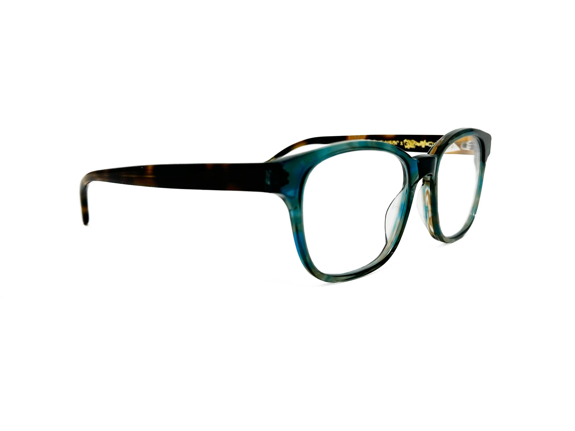Kala Eyewear square acetate optical frame. Model: Morgan Freeman. Color: AAR - Blue/Green marble. Side view.