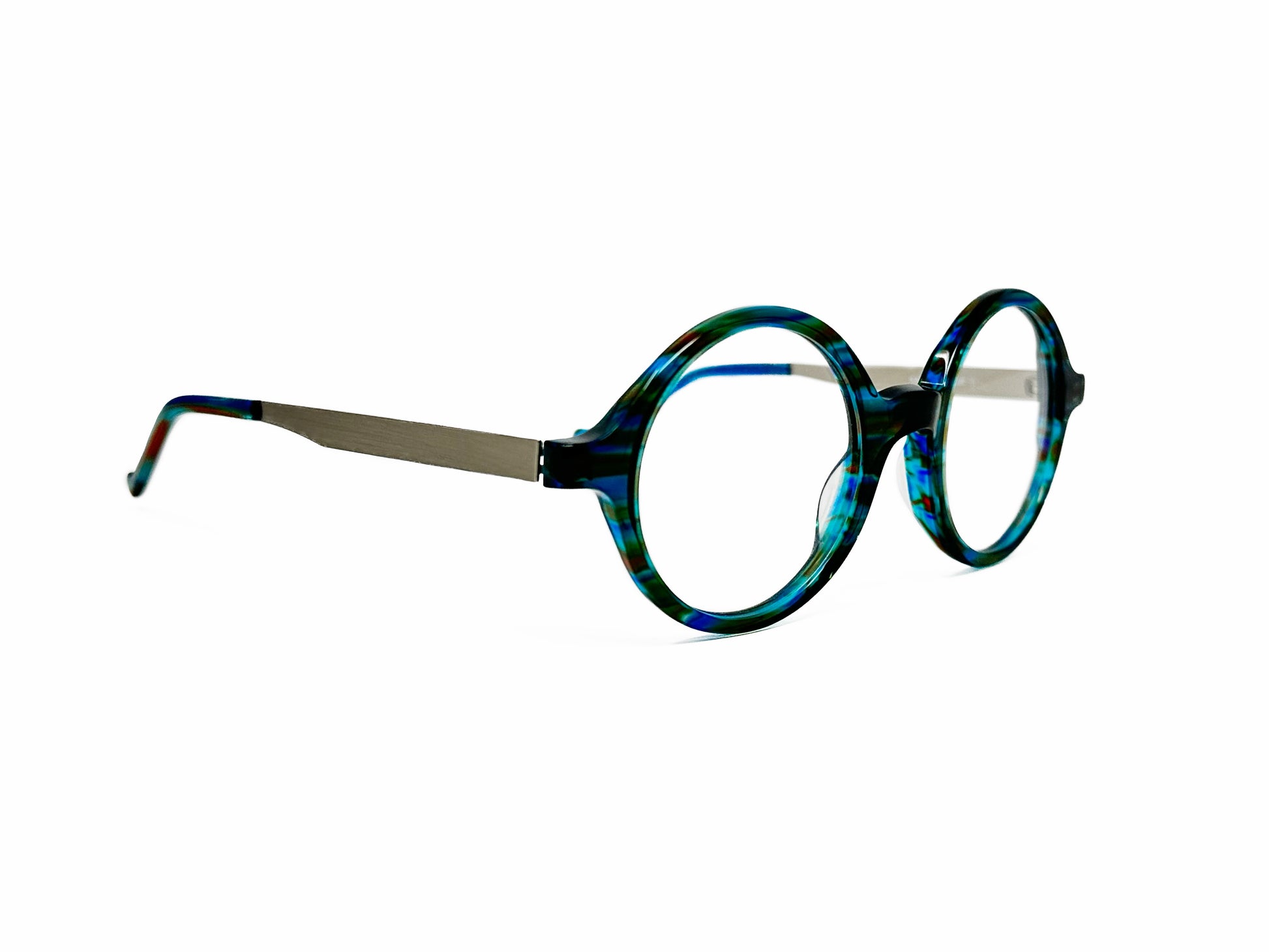 Kala Eyewear round acetate optical frame. Model: Otto. Color: TROP - Blue/Green. Side view.