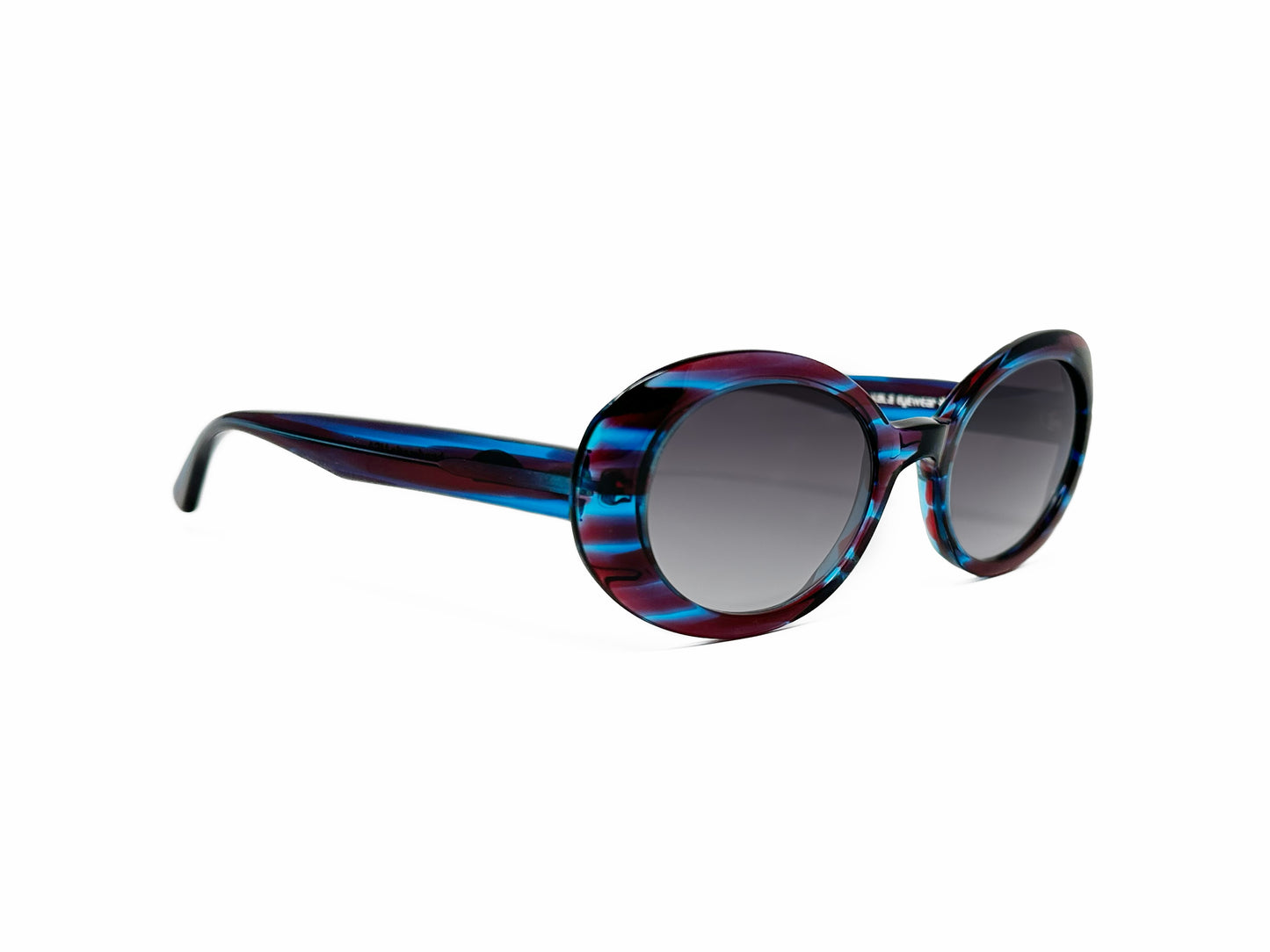 Kala Eyewear uplifted-oval acetate sunglass. Model: Sunflower. Color: PBS - Burgundy and bluw stripes. Side view.