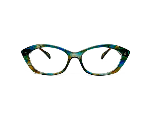 Kala Eyewear acetate cat-eye optical frame. Model: Suzy. Color: AAR Blue and green tortoise. Front view.