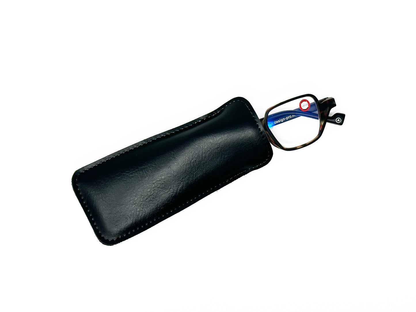 Leather slip-in case with belt strap in Black with glasses inside.