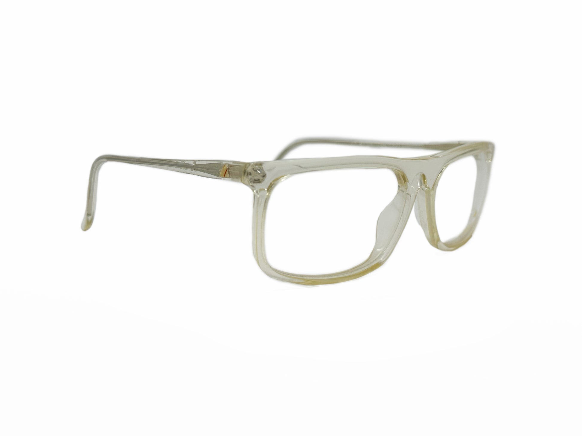 Liz Claiborne rectangular acetate optical frame with flat-top. Model: LC37. Color: Transparent yellow. Side view.