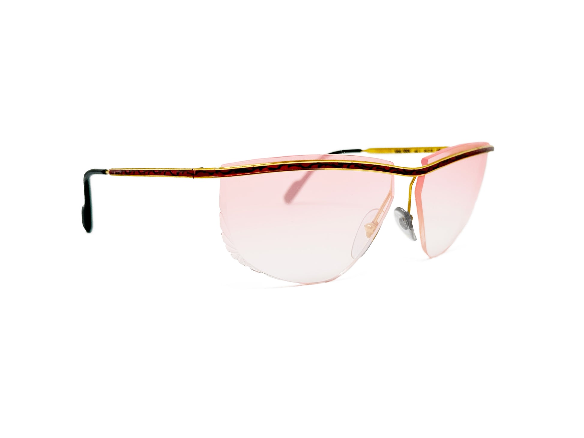 Lozza metal rimless optical frame with bar across front of frame. Model: 5504. Color: 1 - Red marble with gold. Side view.