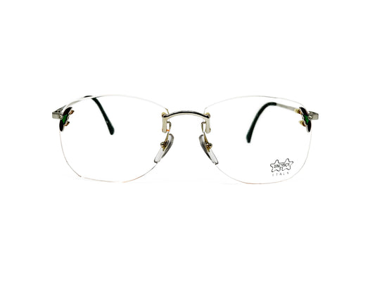 Luxottica metal rimless optical frame with flowery accent on corner near hinge. Model: 7572. Color: P413 - Silver metal with green accents. Front view. 