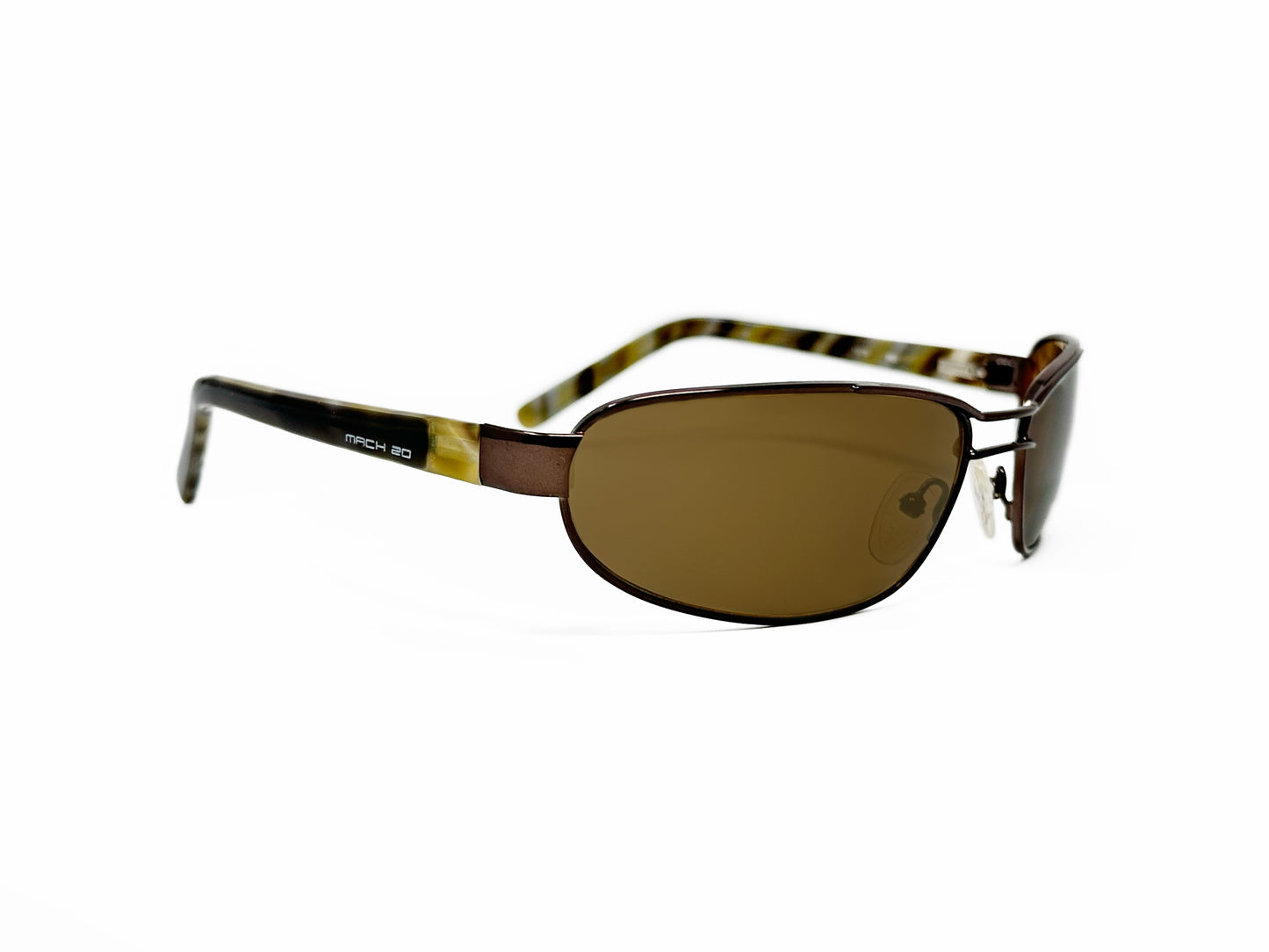 Mach 20 curved rectangular, metal sunglass. Model: 1078. Color: 263 - Bronze with green lenses. Side view.