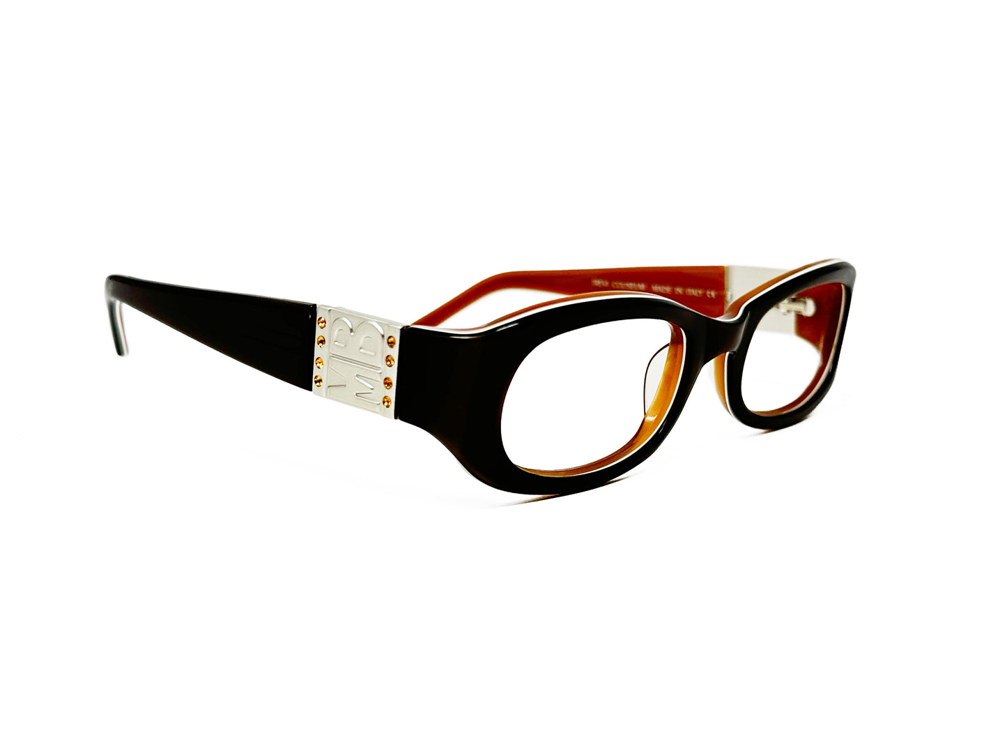 Mariella Burani curved, rectangular, acetate optical frame with oval shaped lenses. Model: 2000-17. Color: 3 - Brown - with silver metal logo on side. Side view.