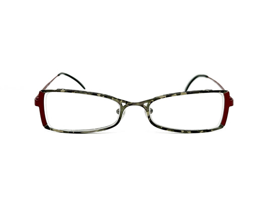 Maryil angled-rectangular metal optical frame. Model: P200. Color: 1 - Grey marble with burgundy temples. Front view. 