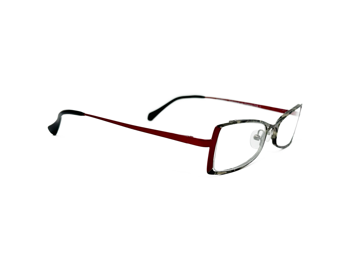 Maryil angled-rectangular metal optical frame. Model: P200. Color: 1 - Grey marble with burgundy temples. Side view.