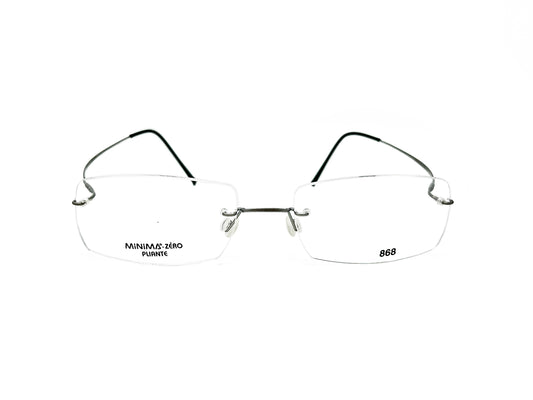 MInima rectangular, titanium, rimless, optical frame with thin curbed temples. Model: 868. Color: 79 - Silver. Front view.  