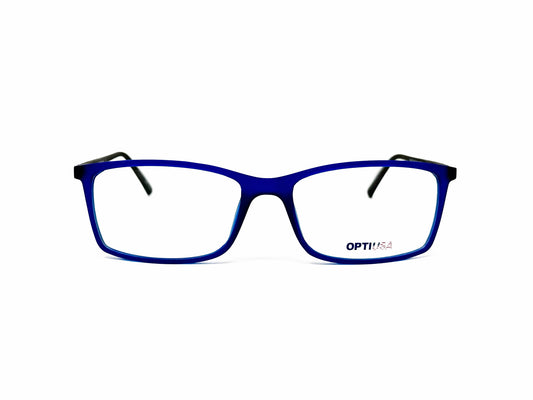 Opti USA rectangular acetate optical frame. Model: 2249. Color: C2 - Soft matte blue. Front view. 