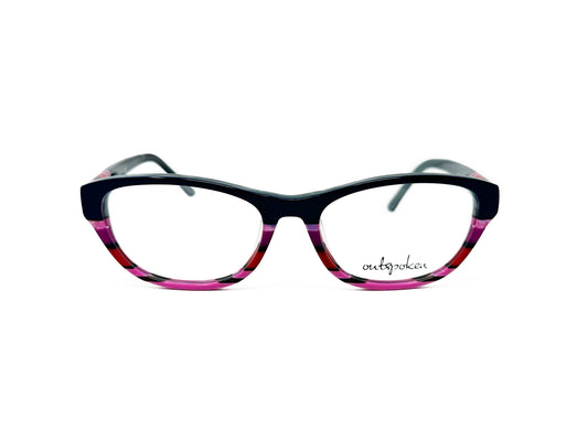 Outspoken acetate cat-eye optical frame. Model: A1210. Color: C1 - Black top with pink stripes at bottom. Front view. 
