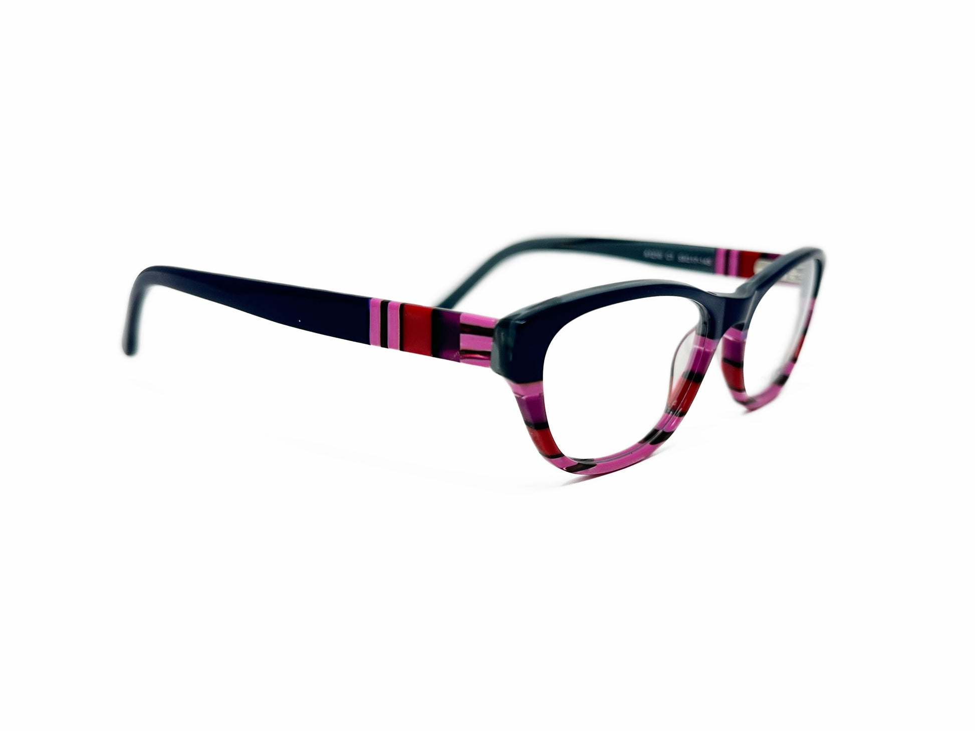 Outspoken acetate cat-eye optical frame. Model: A1210. Color: C1 - Black top with pink stripes at bottom. Side view.