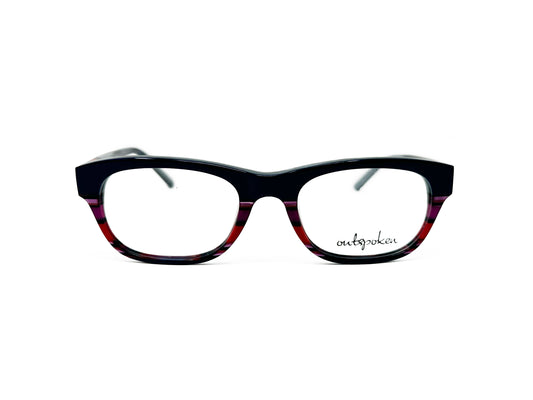 Outspoken rounded square, acetate optical frame. Model: A1213. Color: C1 - Black, red, and blue striped. Front view. 