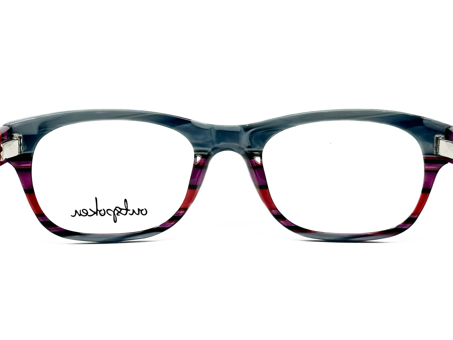 Outspoken rounded square, acetate optical frame. Model: A1213. Color: C1 - Black, red, and blue striped. Inside view.
