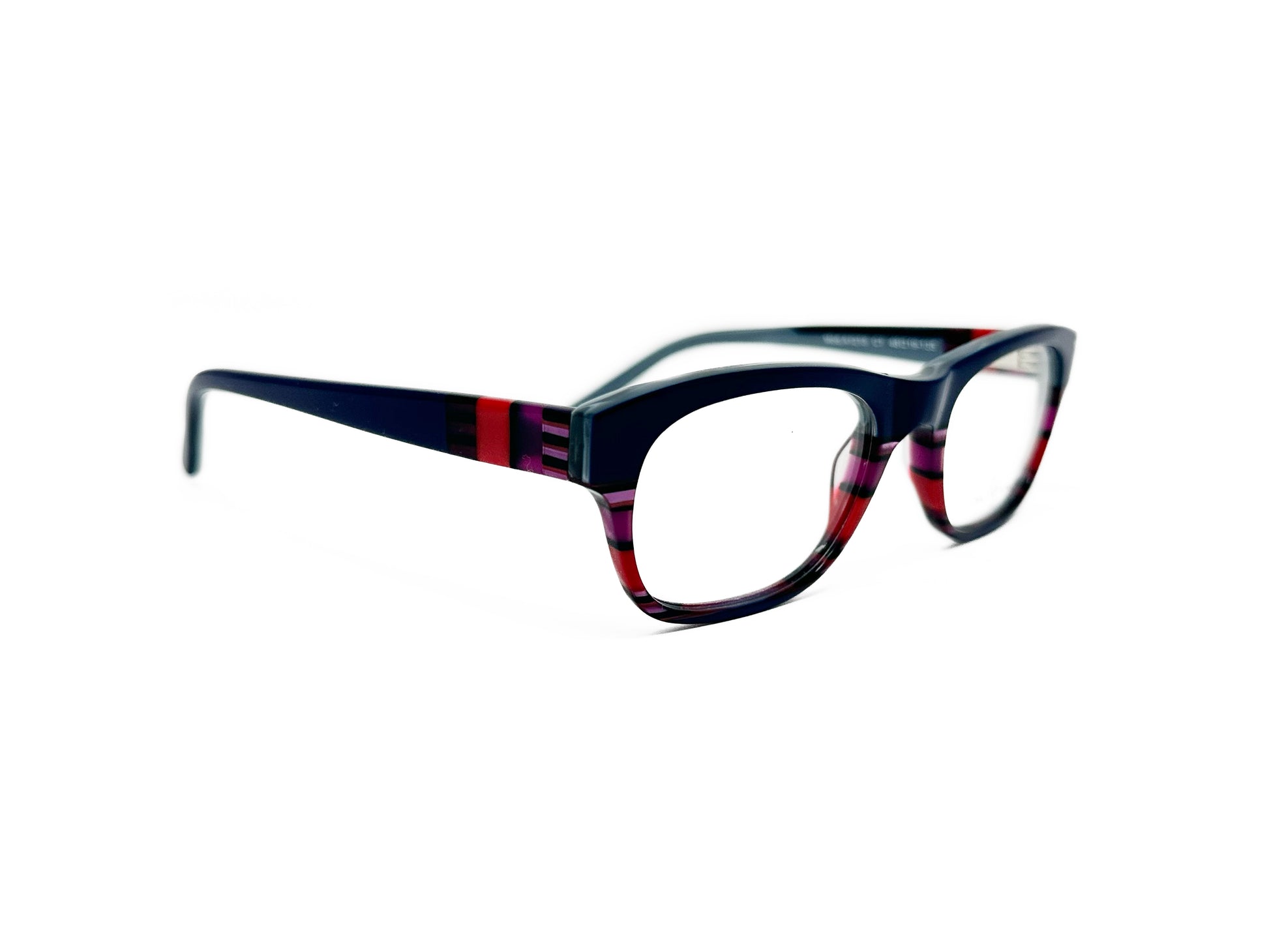 Outspoken rounded square, acetate optical frame. Model: A1213. Color: C1 - Black, red, and blue striped. Side view.